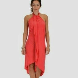 Lyss Loo Wrap Star Halter Coral Midi Wrap Dress